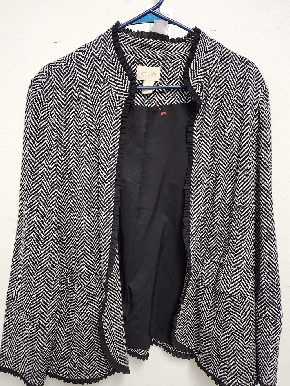 Chico's Black & White Herringbone Open-Front Pea Coat